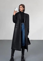 Oversized Faux Leather Long Coat – Women’s Dark Brown Single-Breasted Jacket
