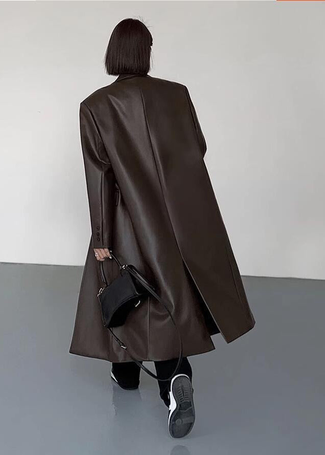 Oversized Faux Leather Long Coat – Women’s Dark Brown Single-Breasted Jacket