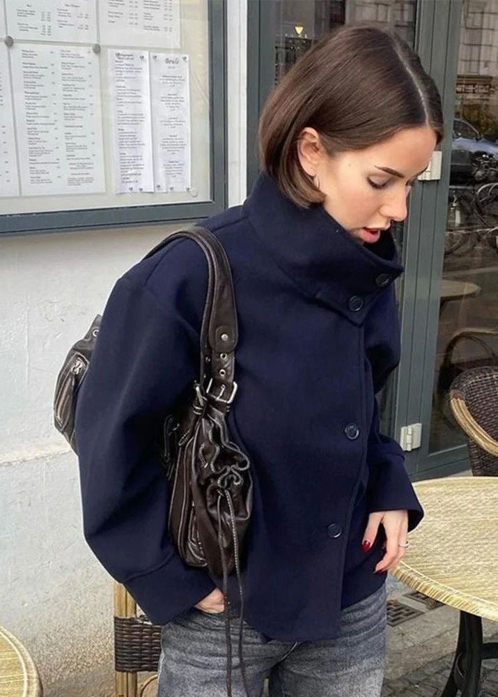 Aurora High Neck Wool Blend Jacket – Navy Blue Minimalist Coat