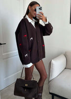 Oversized Brown Dog Embroidered Knit Cardigan