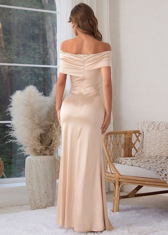 Champagne Off-Shoulder Ruched Slit Maxi Evening Dress