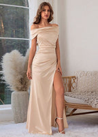 Champagne Off-Shoulder Ruched Slit Maxi Evening Dress