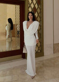 Selene Draped Long-Sleeve Open-Back Gown