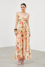 Ianuarius Halter Neck Ruch Print Maxi Dress