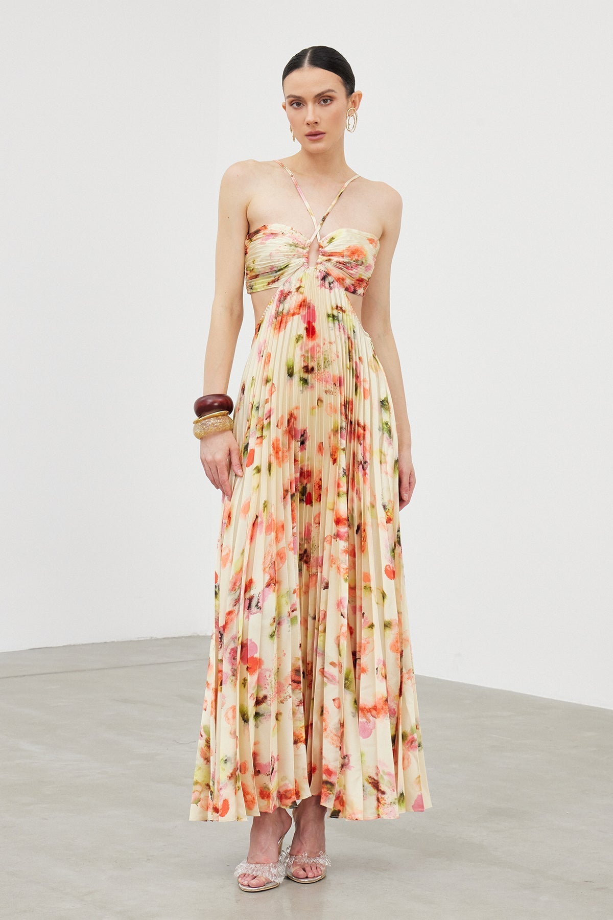 Ianuarius Halter Neck Ruch Print Maxi Dress