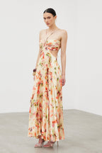 Ianuarius Halter Neck Ruch Print Maxi Dress