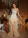 Halterneck Crystal Tulle Maxi Dress