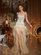 Halterneck Crystal Tulle Maxi Dress