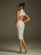 High Neck Cutout Ruched Midi Dress