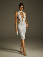 High Neck Cutout Ruched Midi Dress