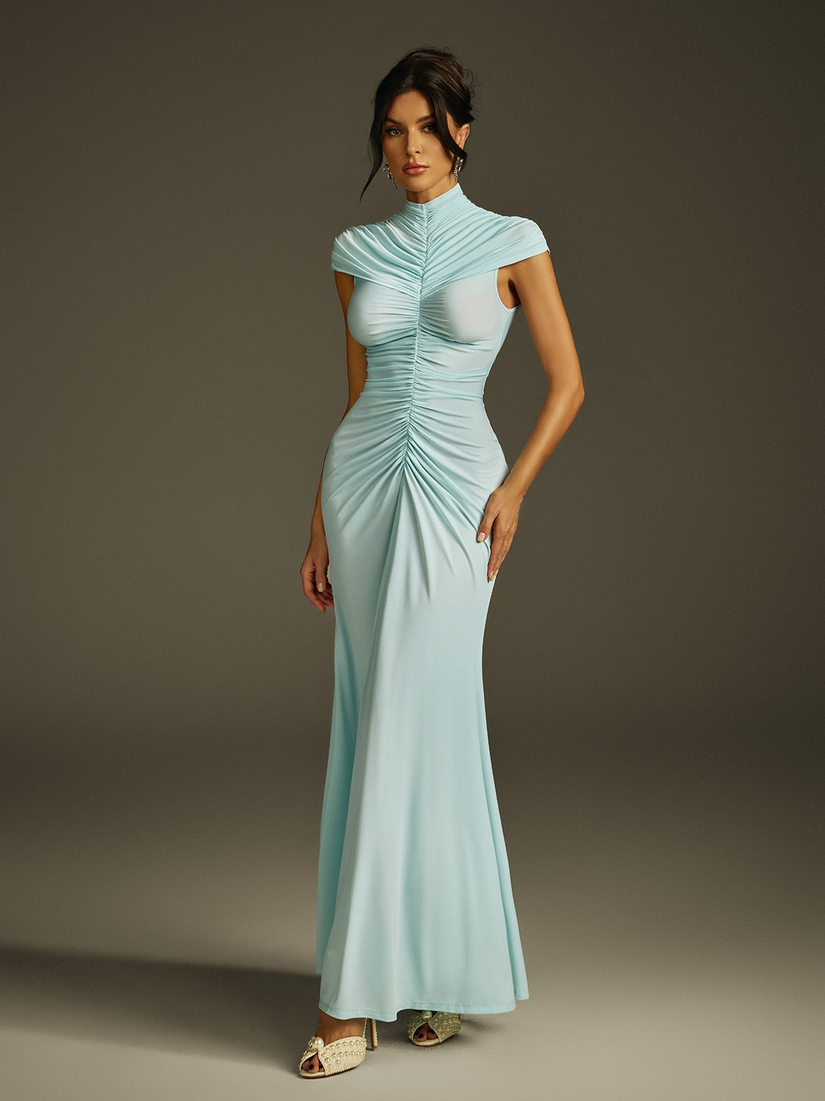 High Neck Ruched Maxi Dress