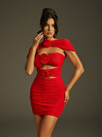 Cutout Flower Ruched Mini Dress In Red