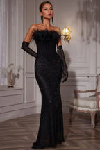 Maggie Corset Feather Sequin Maxi Dress