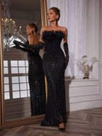 Corset Feather Sequin Maxi Dress With Gloves