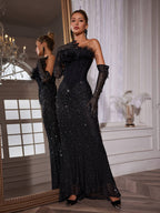 Corset Feather Sequin Maxi Dress With Gloves