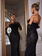 Corset Feather Sequin Maxi Dress With Gloves