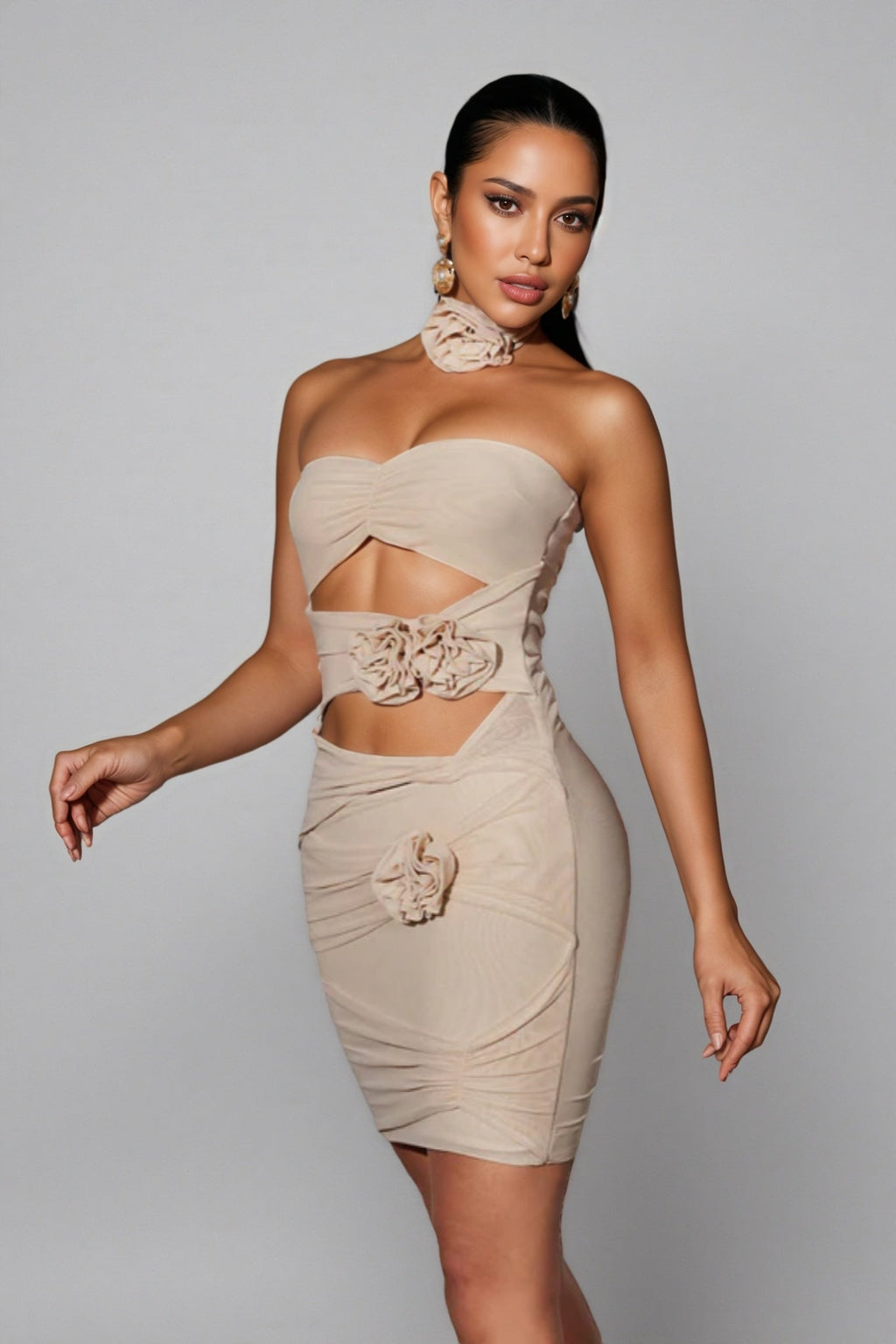 Zinnia Strapless Flower Cutout Mesh Mini Dress