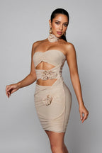 Zinnia Strapless Flower Cutout Mesh Mini Dress