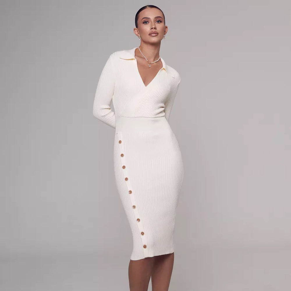 Inner Wear Sweater Knitted Dress Elegant Polo Collar Hip for