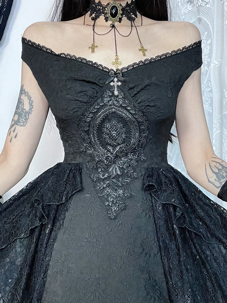 Gothic Folds Corsets ALine Black Off Shoulder Ball Gown Women Grunge Vintage Aesthetic Harajuku Partywear Dress