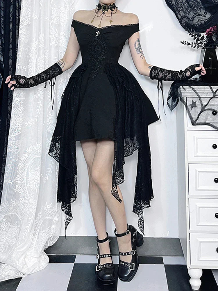 Gothic Folds Corsets ALine Black Off Shoulder Ball Gown Women Grunge Vintage Aesthetic Harajuku Partywear Dress