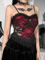 Gothic Lace Patchwork Zipper Backless See Through Vintage Y2K Aesthetic Crop Top