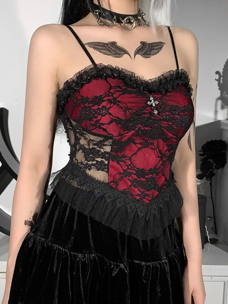 Gothic Lace Patchwork Zipper Backless See Through Vintage Y2K Aesthetic Crop Top