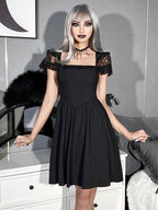 Black Lace Sleeve Elegant Halara Gothic Chic Strap Peasant ALine Harajuku Retro Waistin Linen Dress
