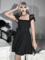 Black Lace Sleeve Elegant Halara Gothic Chic Strap Peasant ALine Harajuku Retro Waistin Linen Dress