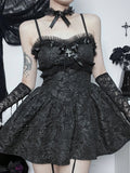 Corset ALine Mini Black Rose Print Lace Patchwork Shirring Backless Slip Nightclub Dress