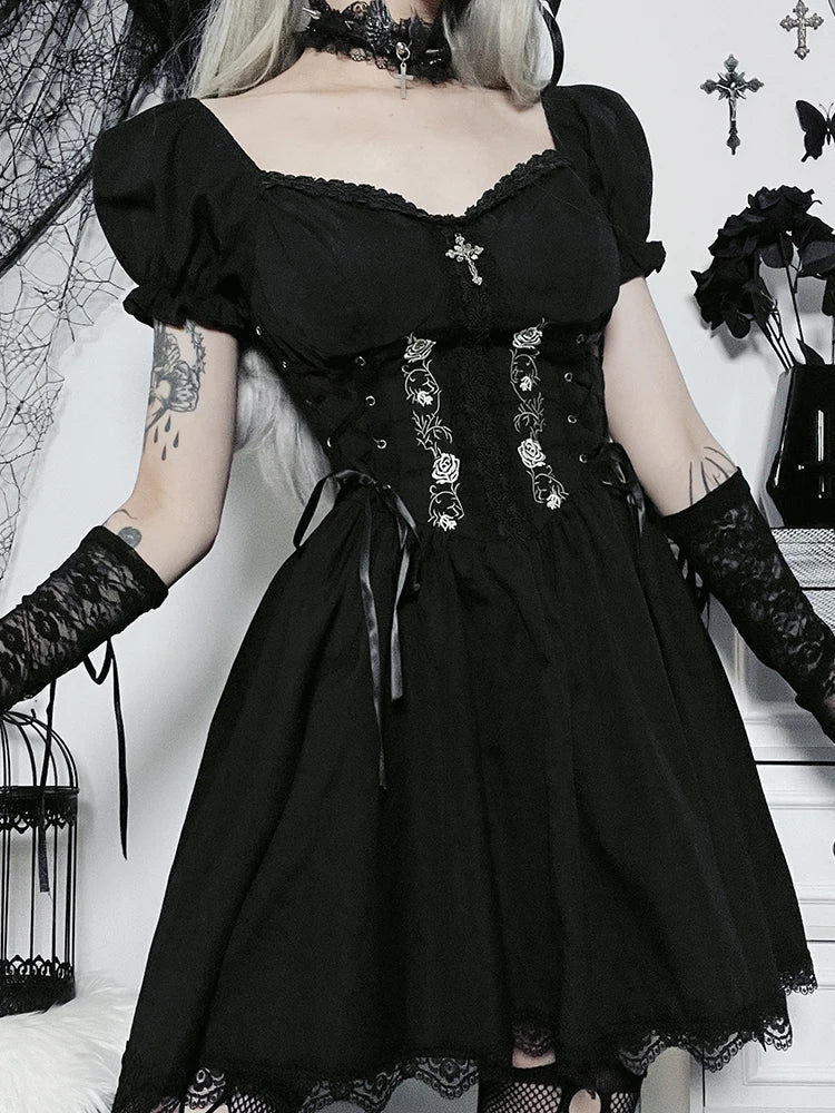 Gothic A Line Pleated Hem Harajuku Lolita Lace Trim Summer Dress