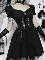Gothic A Line Pleated Hem Harajuku Lolita Lace Trim Summer Dress