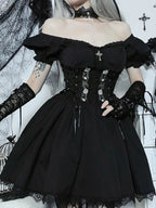 Gothic A Line Pleated Hem Harajuku Lolita Lace Trim Summer Dress