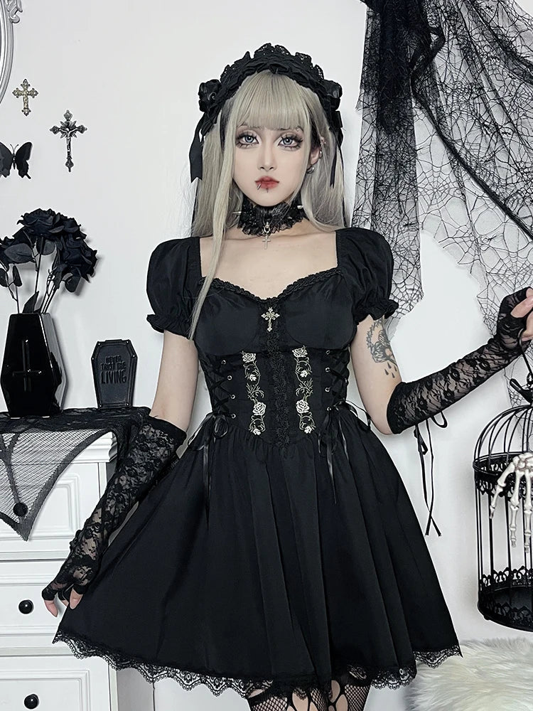 Gothic A Line Pleated Hem Harajuku Lolita Lace Trim Summer Dress