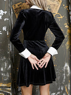 Contrast Collar ALine Vintage Velvet Long Sleeve Aesthetic Goth Retro Flare Skater Dress