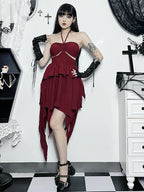 Halter Neck Sleeveless Ruched Bodycon Asymmetrical ALine Hem Party Cocktail Mini Dress