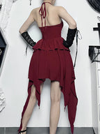 Halter Neck Sleeveless Ruched Bodycon Asymmetrical ALine Hem Party Cocktail Mini Dress