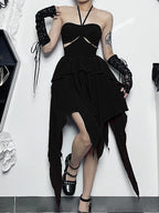 Halter Neck Sleeveless Ruched Bodycon Asymmetrical ALine Hem Party Cocktail Mini Dress