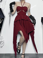 Halter Neck Sleeveless Ruched Bodycon Asymmetrical ALine Hem Party Cocktail Mini Dress