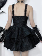 Jacquard Double Cake Suspender Vintage Lace Trim Backless ALine Mini Sexy Club Cami Dress