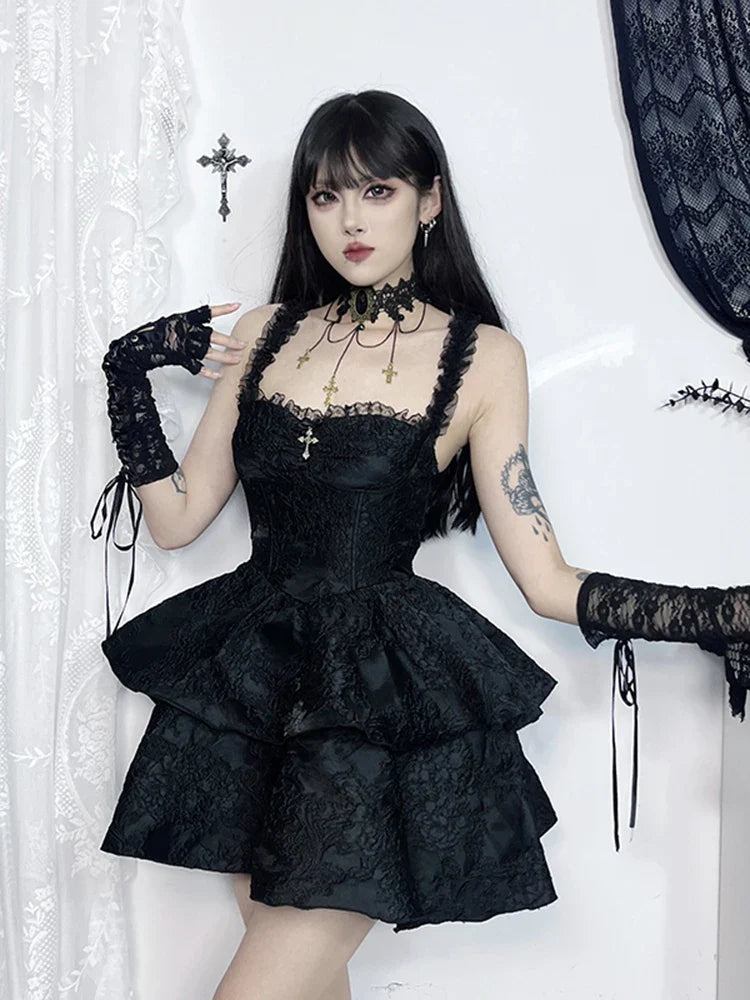 Jacquard Double Cake Suspender Vintage Lace Trim Backless ALine Mini Sexy Club Cami Dress
