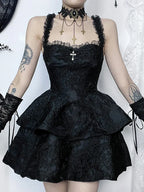 Jacquard Double Cake Suspender Vintage Lace Trim Backless ALine Mini Sexy Club Cami Dress