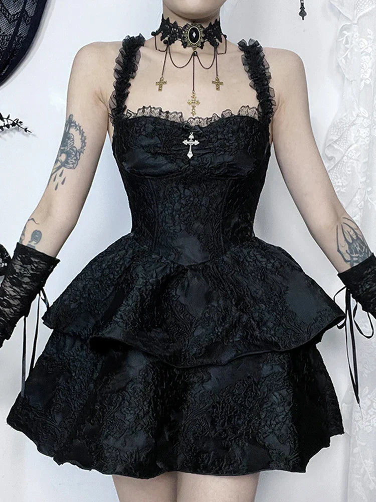 Jacquard Double Cake Suspender Vintage Lace Trim Backless ALine Mini Sexy Club Cami Dress