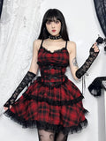 Grunge Gothic Plaid Black Emo Lace Up Backless Mini A Line Dress