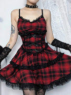 Grunge Gothic Plaid Black Emo Lace Up Backless Mini A Line Dress