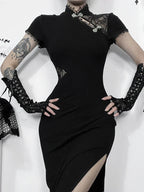 Slim Gothic Spliced Cheongsam Vintage Lace Bodycon Patchwork Side Slit Dress