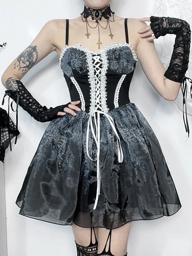 Gothic Spliced Printed Suspender Corset A Line Vintage Sexy Kawaii Mini Dress