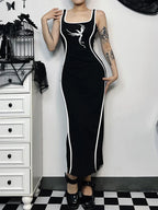 Gothic Square Neck Tank Sexy Sleeveless High Waist White Embroidery Bodycon Dress