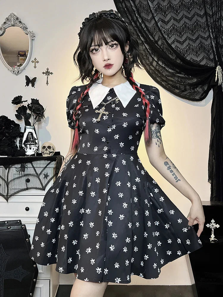 Gothic Turn Down Collar ALine Punk Print Short Sleeve Swing Cloak Bodycon Dress