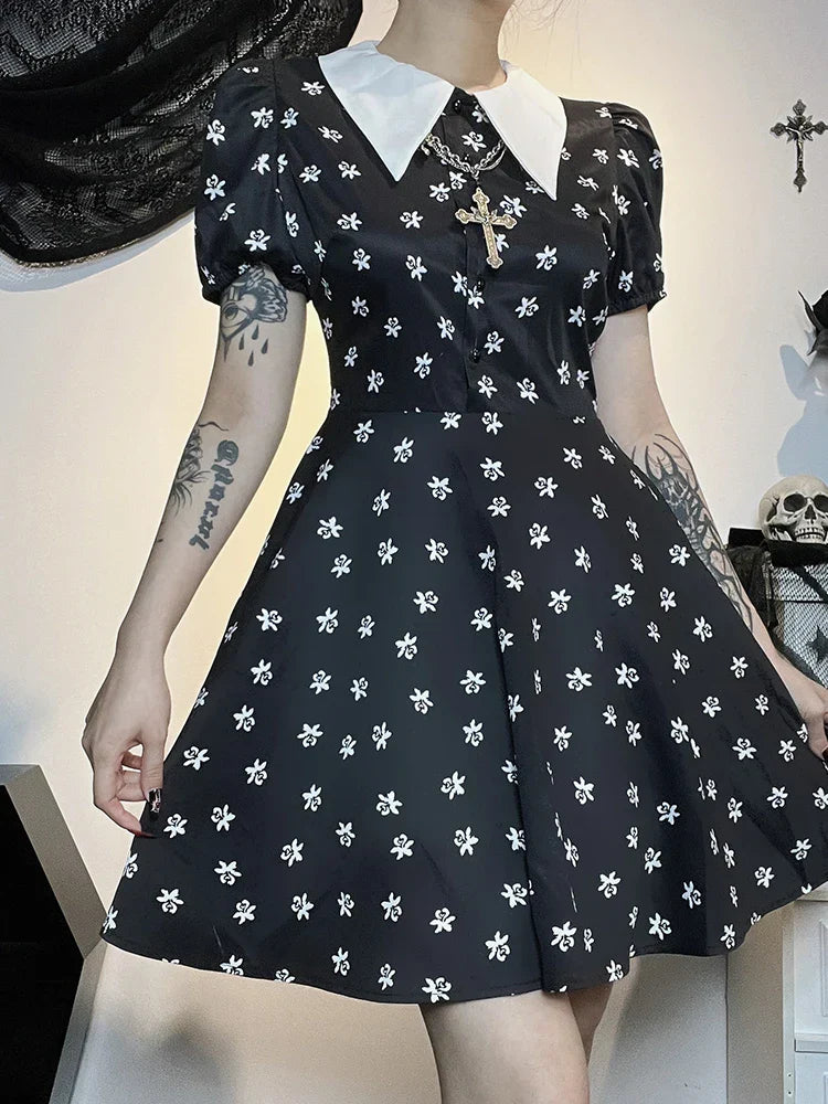 Gothic Turn Down Collar ALine Punk Print Short Sleeve Swing Cloak Bodycon Dress